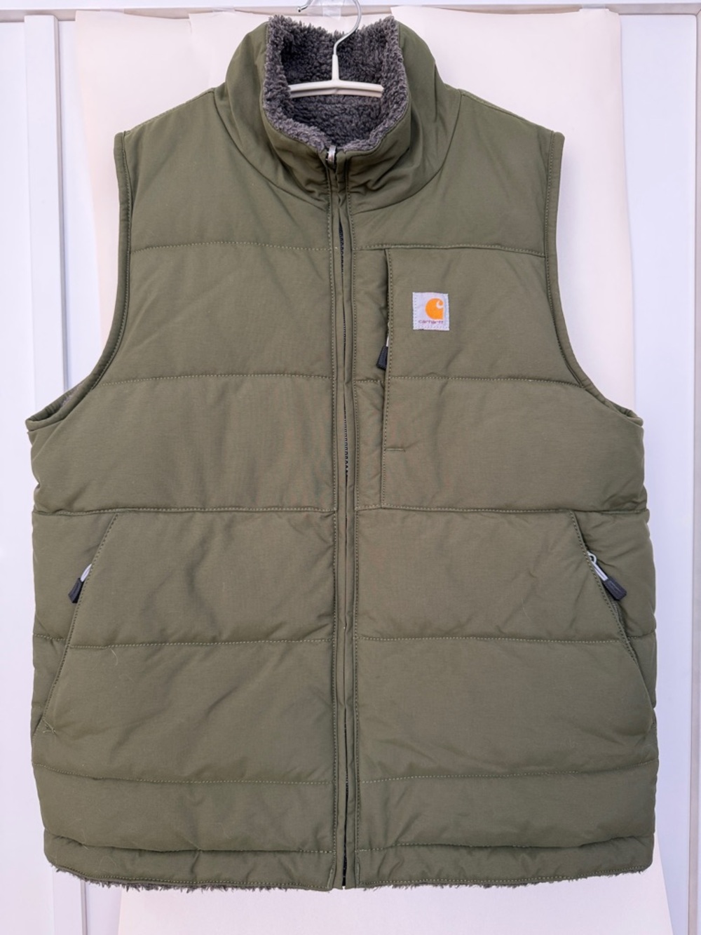 Carhartt Olive Puffer Vest with Sherpa Collar/ 2 sides